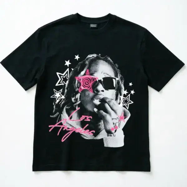 Men's 100% Cotton Round Neck Short-Sleeve Retro LA Hip Hop Rapper Portrait Pink Star Swirl Graphic T-Shirt - Streetwear Top, Breathable, Unisex Casual, Textured Knit, Regular Fit, Rap Fan Birthday Gift, TikTokMadeMeBuyIt