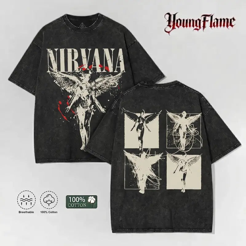 Men's 100% Cotton Baggy Vintage Acid Wash Fallen Angel Graphic T-Shirt - 90s Grunge Rock Oversized Short-Sleeve Menswear Tee, Retro Casual Dark Streetwear Outfits Top Crewneck Suits