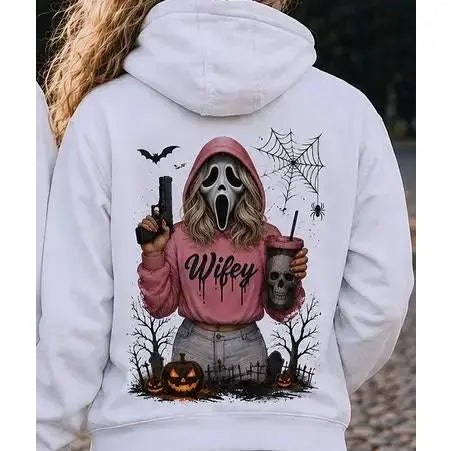 [A piece of clothing]Hubby Wifey Halloween Spooky Season Couple Matching Hoodies Casual Street Style Fleece Fabric Pullover Hooded Sweatshirt Tops Trendy for Women for Men