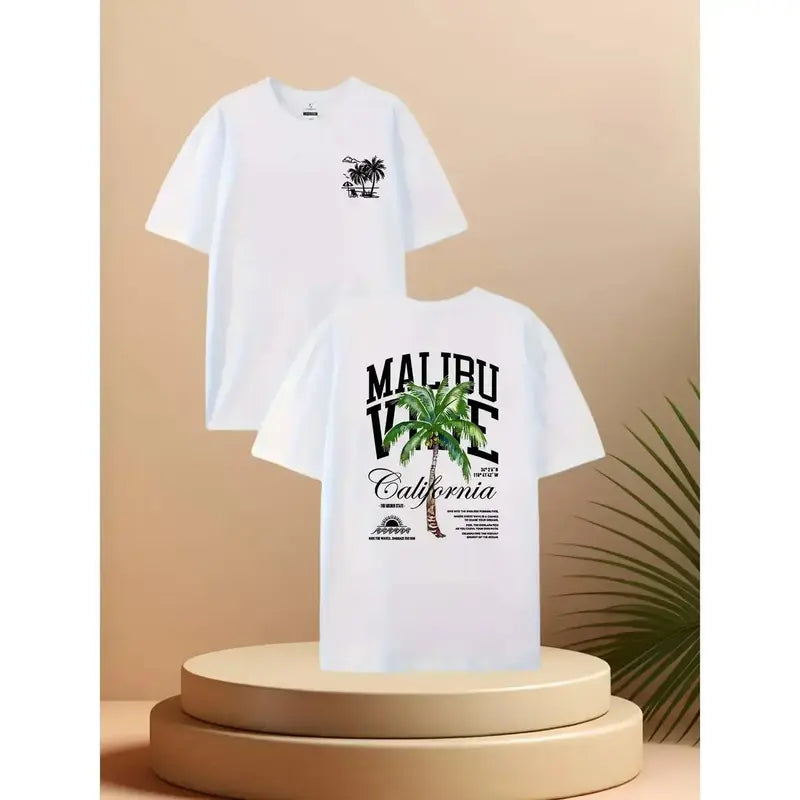 Men's Malibu California Graphic T-Shirt - 100% Cotton Short-Sleeve Round Neck Loose Stretch Knit, Double-Sided Print Casual Athleisure Tee, Ideal for Casual & Gym Use, Good Graphic Shirts for Gifting