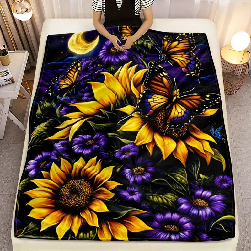 Digital Printed Sunflower Nature Art Graphic Throw Blanket - 100% Polyester, Traditional Style, Wrinkle Resistant, Flannel Finish, AC-Room Breathable, Multi-Size, Lightweight Drape, Soft, Warm, All-Season Aesthetic Throw Blankets for Bedrooms, Sofas