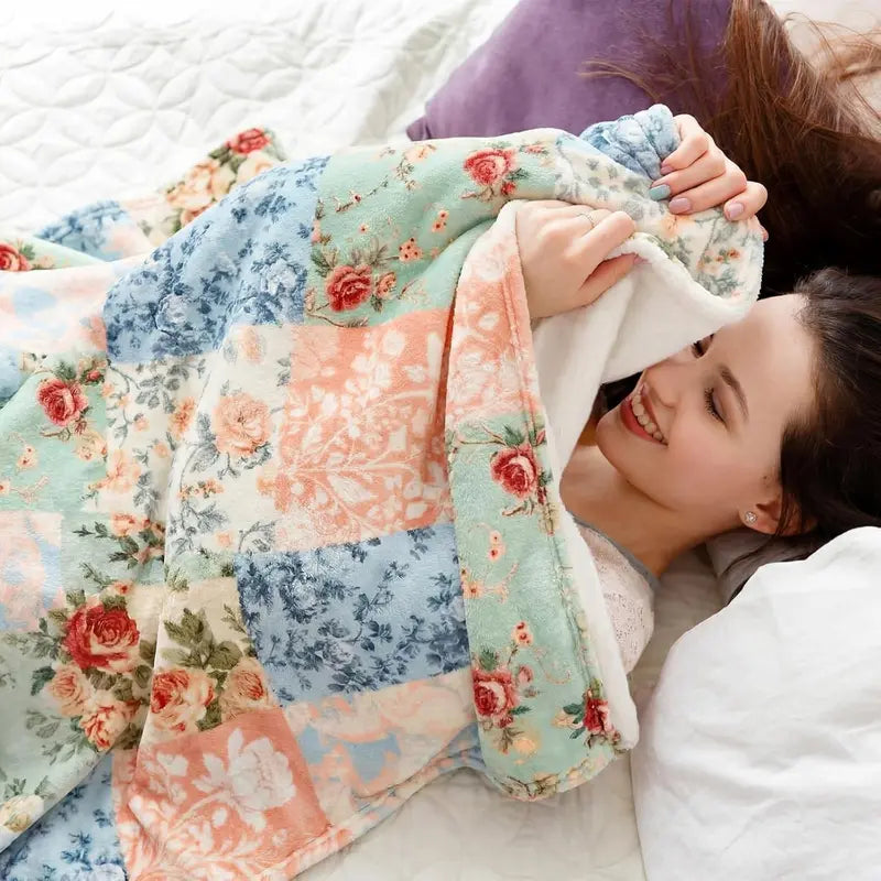 Flannel Blanket | Boho Pastel Floral Throw Blanket Ultra Soft Flannel Patchwork Blanket For Couch And Bed Holiday Theme Cozy Throw Decoration Warm Gift For Spring Summer | Gift Blanket / All Season