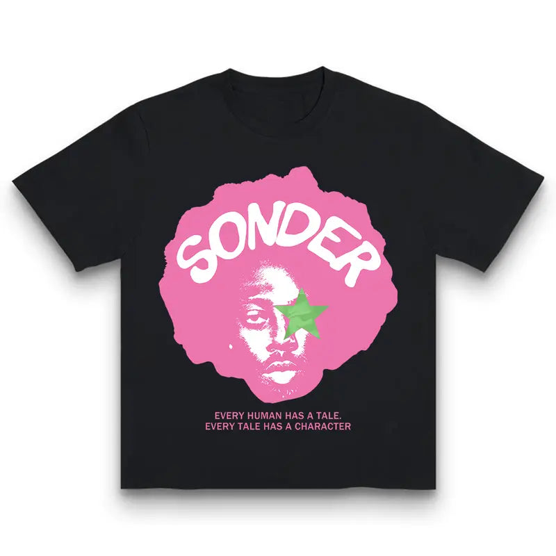 Bold Pink "Sonder" Lettering & Geometric Print Rap Shirt Casual Crewneck Streetwear Made In USA For Women For Men [180G/230G 100% cotton short-sleeve/hoodie, soft and comfortable],tshirt,music