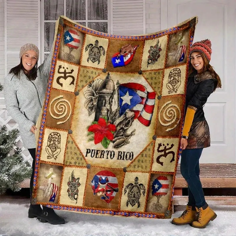 Puerto Rico themed flannel blanket - Vibrant cultural prints with flags, symbols and Puerto Rican text - Soft and warm travel digital print, suitable for all seasons