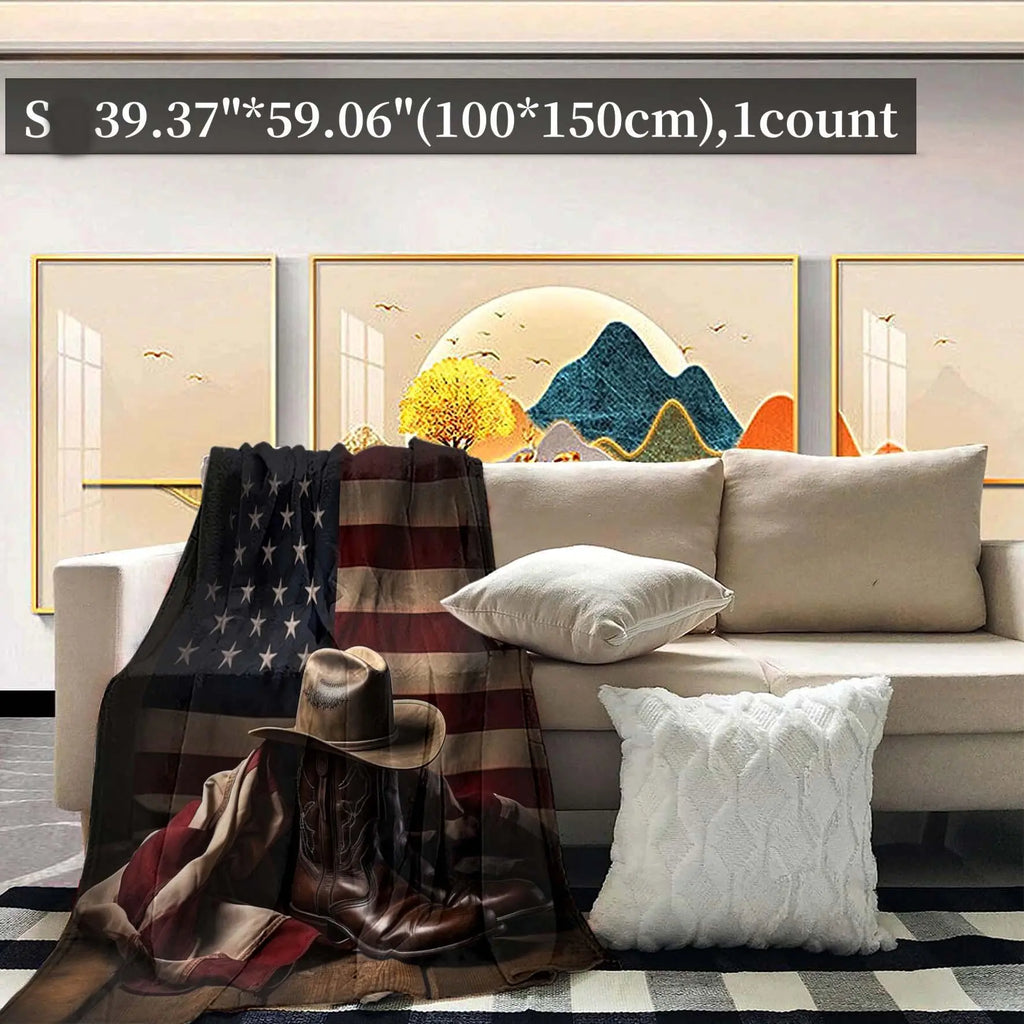 American Flag & Cowboy Hat Pattern Blanket, Western Blanket, Printed Blankets, Graphic Throw Blanket, 1 Count Soft Throw Blanket, Air-conditioned Room Blanket for Home Office Travel Camping