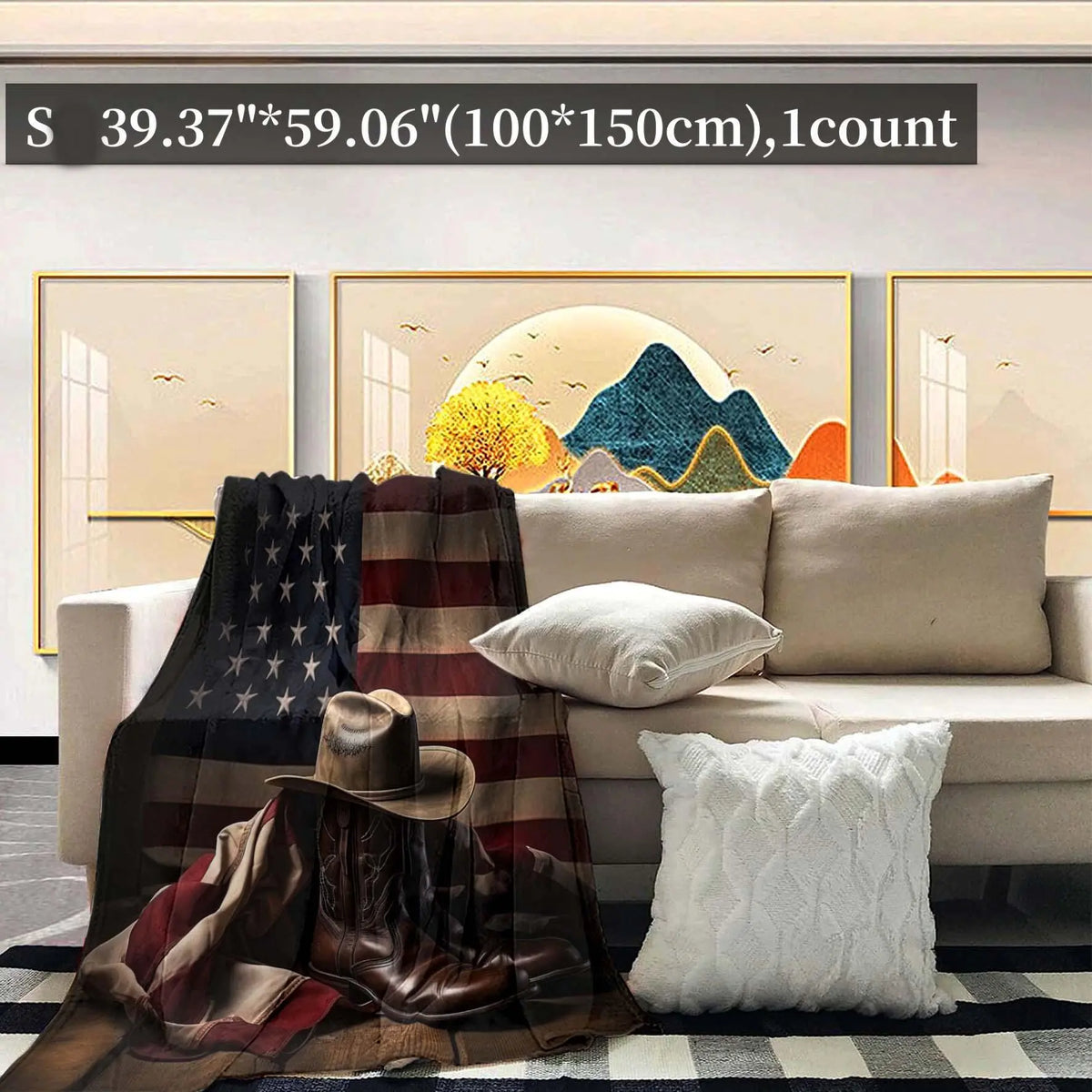American Flag & Cowboy Hat Pattern Blanket, Western Blanket, Printed Blankets, Graphic Throw Blanket, 1 Count Soft Throw Blanket, Air-conditioned Room Blanket for Home Office Travel Camping