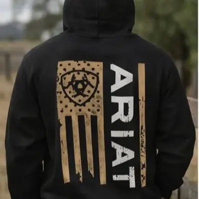 Ariat Western Cowboy Sweatshirt with American Flag Design for Men's Casual Wear Soft Heavyweight Cotton Blend Adjustable Hood Kangaroo Pocket