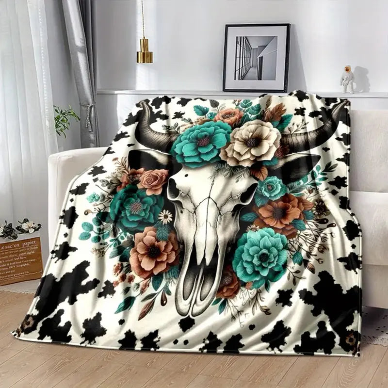 Western Bull Skull Floral Flannel Cow Print Throw Blanket - Soft Cozy Polyester, Blanket for Couch, Home Decor Accent, Living Room & Cabin Decor Addition