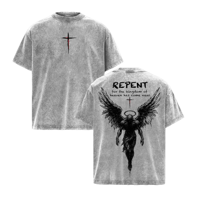 Men's Cotton Retro Rib Round Neck Short-Sleeve T-Shirt - Repent Vintage Washed Oversized Christian Top, Angel Wings Faith Print Distressed Streetwear Tee, Graphic