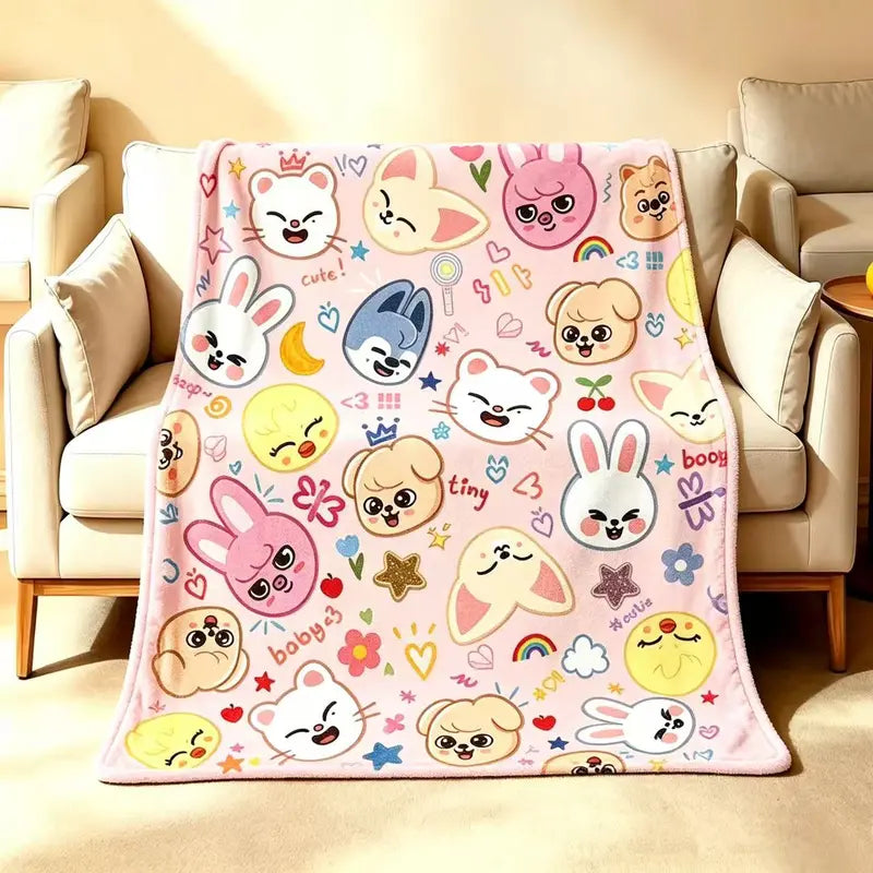 Printed Flannel Fleece Blanket - Colorful Fuzzy SKZ Fan Throw, Comfy Cute Cartoon Blanket, Fandom Bedding, Kids Gift, Lounge & Travel Use, Colorful Fuzzy Blanket
