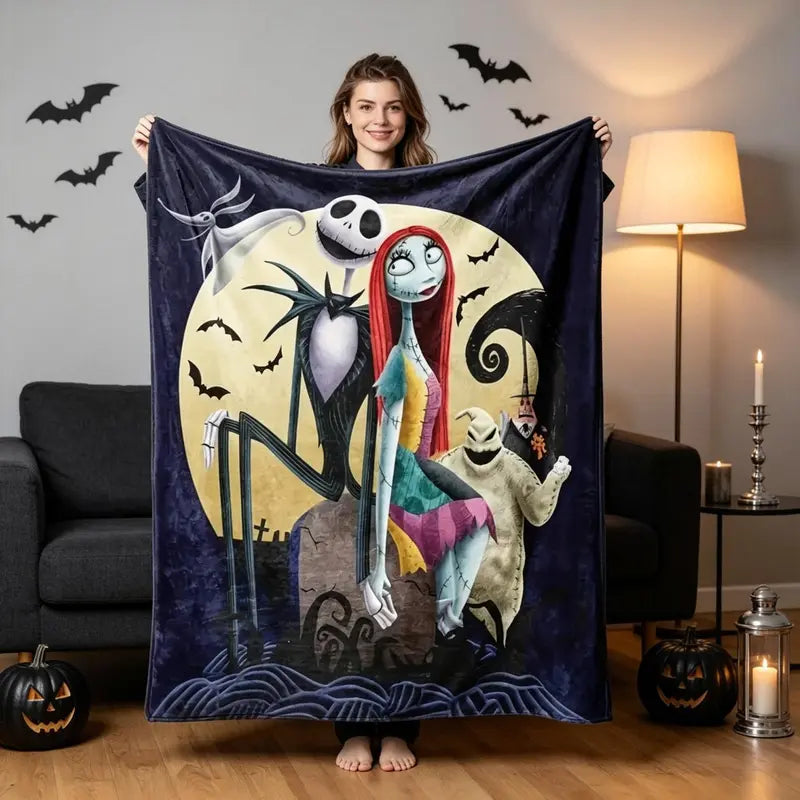 Disney The Nightmare Before Christmas Cozy Fluffy Soft Throw Blanket - Jack and Sally Moon Graphic, Bedroom Sofa Decorative, Ideal Birthday Gift Option, Bedroom Sofa Blanket, Birthday Gifts Blanket