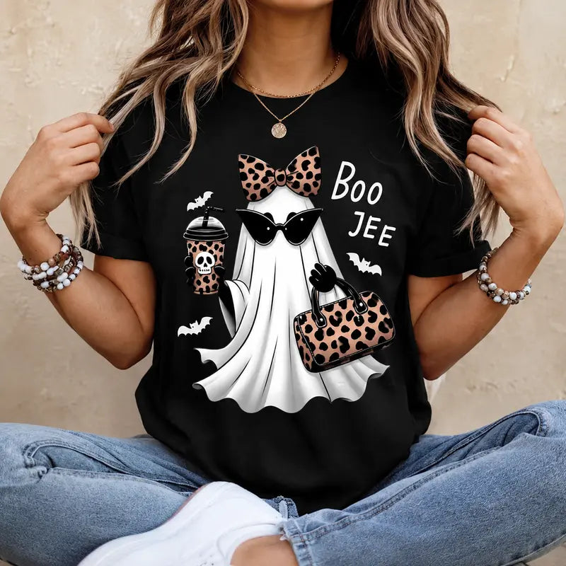 Men's Regular-Fitted Customized Short-Sleeve Round Neck Soft Cotton Full Print Graphic Halloween Shirts - Boo-Jee Leopard Accents Ghost Coffee Design, Casual Street Fall Gift, Textured Knit Outdoor Top (Belle, Princess, Book, Music Note, Del Padre Themes)