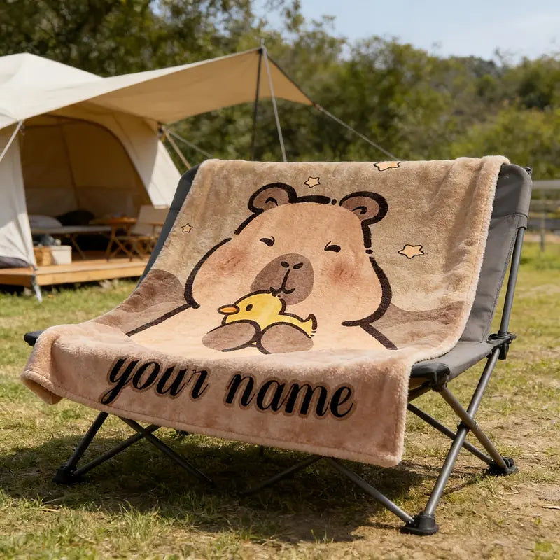 Capybara Print Flannel Fabric Blanket - Custom Text Character-Themed Cute Blanket, Warm Cozy, Suitable for Beds, Sofas, Camping, Ideal Gift for Pet Lovers