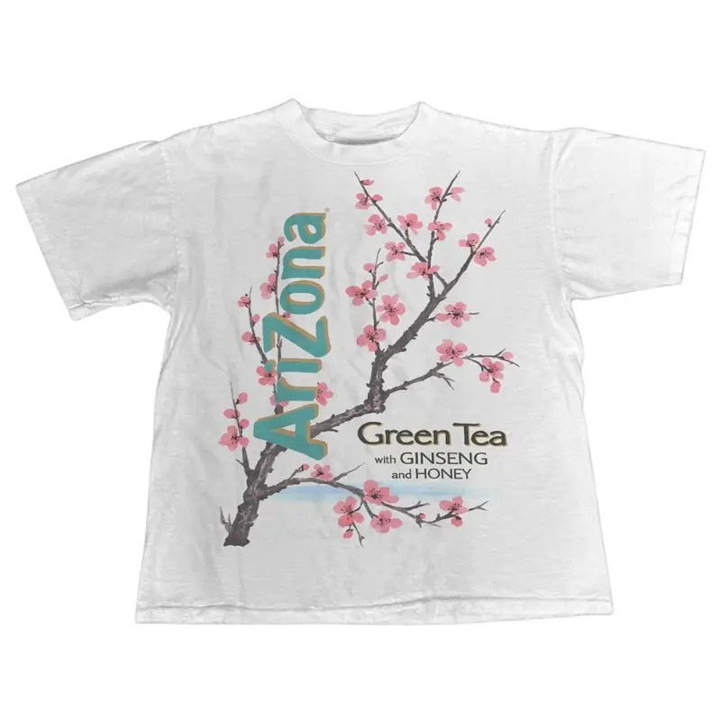 Men's Customized Fitted Cut Short-Sleeve T-Shirt - Vintage Arizona Green Tea Cherry Blossom Print, Round Neck Textured Knit, Casual Chic Streetwear Top, Menswear Gift