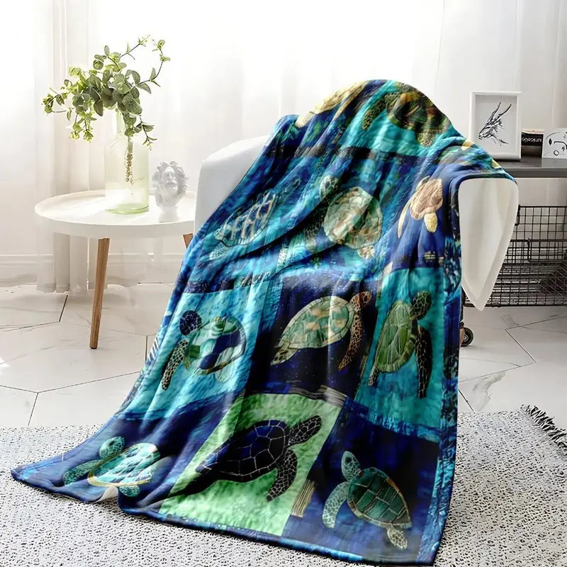 Sea Turtle Throw Blanket, Ocean Mosaic Patchwork Soft Cover, Baby Blankets and Adult Blankets, Cozy Warm Nautical Gift for Her Him, Coastal Home Decor for Couch Sofa Bed, Summer AC Nap Blanket, Perfect Birthday Holiday Christmas Gift for Ocean & Beach