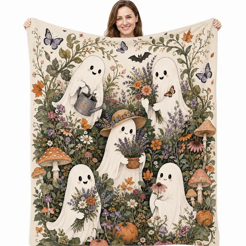 [Back to School] Halloween Ghost Floral Print Flannel Blanket, 60''x80'' 100% Polyester All-Season Cozy Blanket for Women, Pumpkin Mushroom Design, Fall Dorm Holiday Decor, Bed Couch Bedding, Gift Option