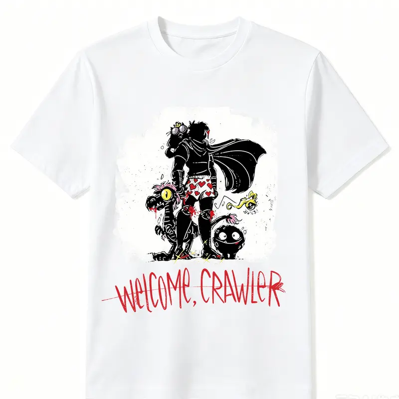 Men's Dungeon Crawler Carl Welcome Crawler Customized Cotton Crew Neck Short-Sleeve T-Shirt, Gothic Spooky Creature Art Graphic Tee, Sci-Fi Book Menswear Fashion All-Seasons Casual Gift
