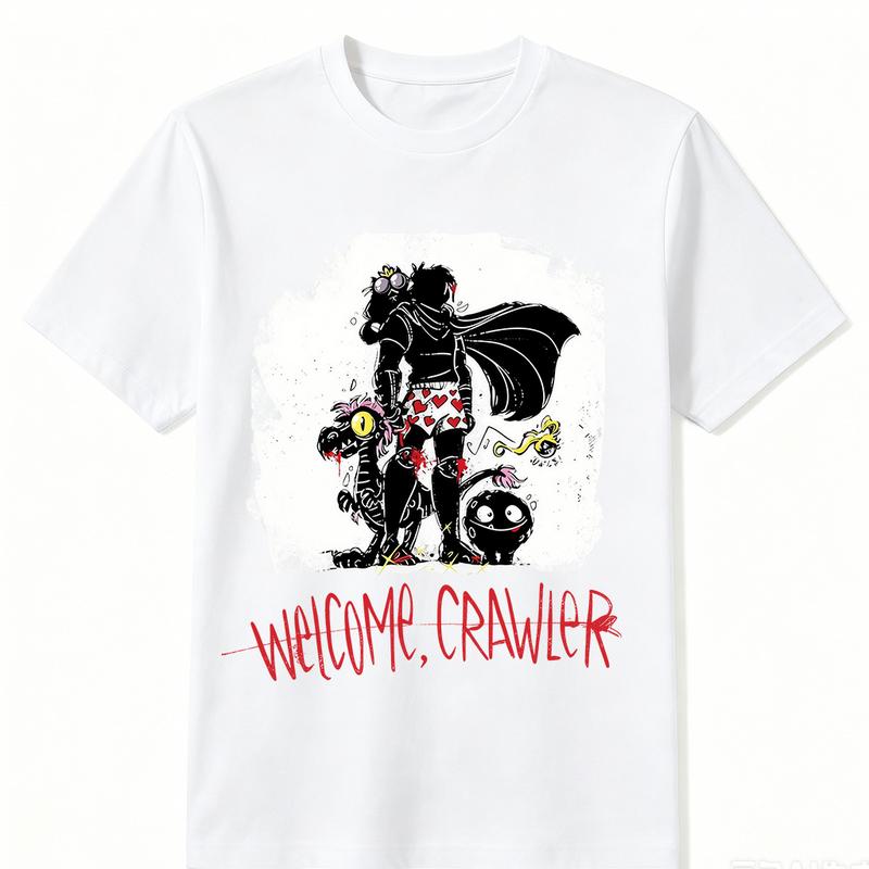 Men's Dungeon Crawler Carl Welcome Crawler Customized Cotton Crew Neck Short-Sleeve T-Shirt, Gothic Spooky Creature Art Graphic Tee, Sci-Fi Book Menswear Fashion All-Seasons Casual Gift