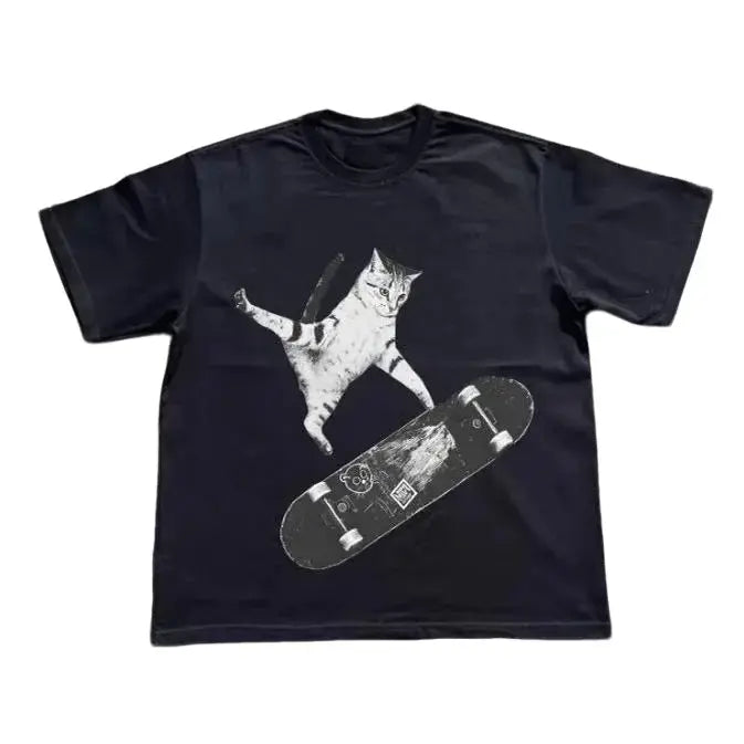 Menswear Casual Customized Round Neck Unisex Short-Sleeve Skateboarding Cat Graphic T-Shirt - 2000s Y2k Gothic Grunge Emo Scene Amity Affliction Style, Streetwear Top, Gift Option for Men Women