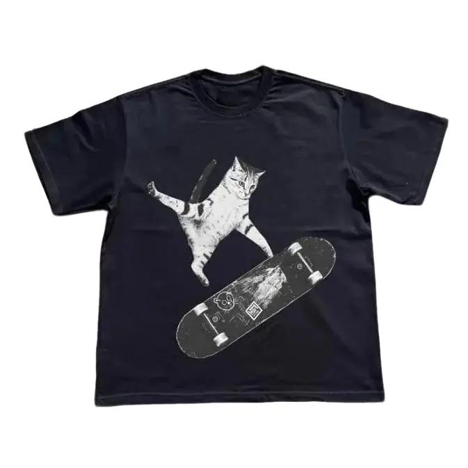 Menswear Casual Customized Round Neck Unisex Short-Sleeve Skateboarding Cat Graphic T-Shirt - 2000s Y2k Gothic Grunge Emo Scene Amity Affliction Style, Streetwear Top, Gift Option for Men Women