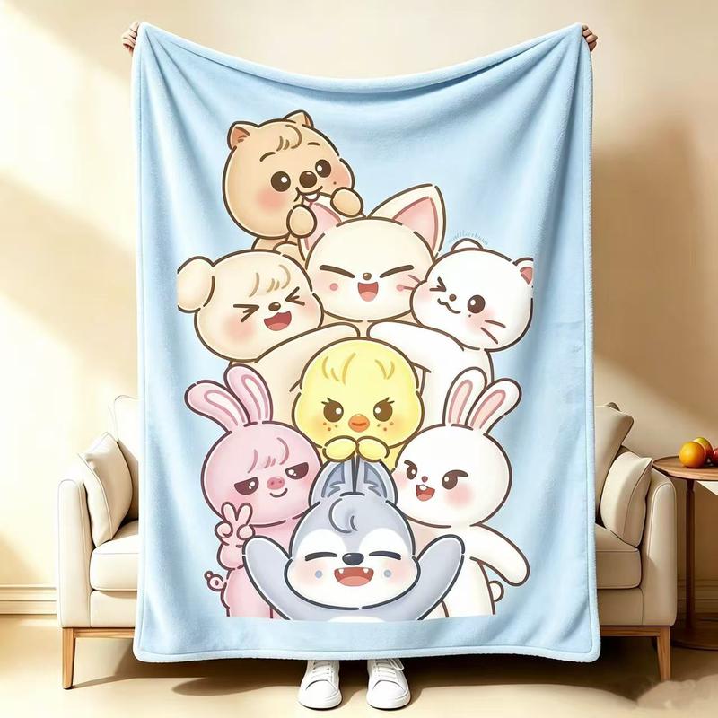 Printed Flannel Fleece Blanket - Colorful Fuzzy SKZ Fan Throw, Comfy Cute Cartoon Blanket, Fandom Bedding, Kids Gift, Lounge & Travel Use, Colorful Fuzzy Blanket