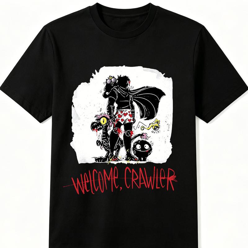 Men's Dungeon Crawler Carl Welcome Crawler Customized Cotton Crew Neck Short-Sleeve T-Shirt, Gothic Spooky Creature Art Graphic Tee, Sci-Fi Book Menswear Fashion All-Seasons Casual Gift