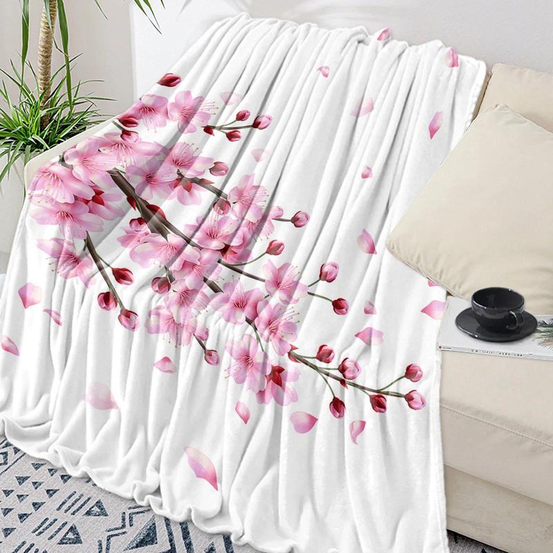 Cherry Blossom Pink Flower Flannel Throw Blanket Soft Cozy Blanket for Sofa Couch Bed Bedroom Decor Christmas Gift