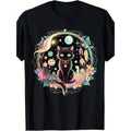 Men's Gothic Witch Customized Crew Neck T-Shirt - Soft Cotton Short Sleeve Casual Top, Kawaii Black Cat & Crystal Moon Phase Print, All Seasons Streetwear, Machine Washable, Do Not Bleach, No