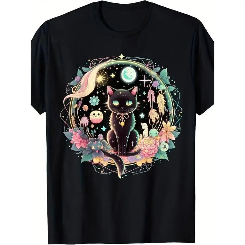 Men's Gothic Witch Customized Crew Neck T-Shirt - Soft Cotton Short Sleeve Casual Top, Kawaii Black Cat & Crystal Moon Phase Print, All Seasons Streetwear, Machine Washable, Do Not Bleach, No