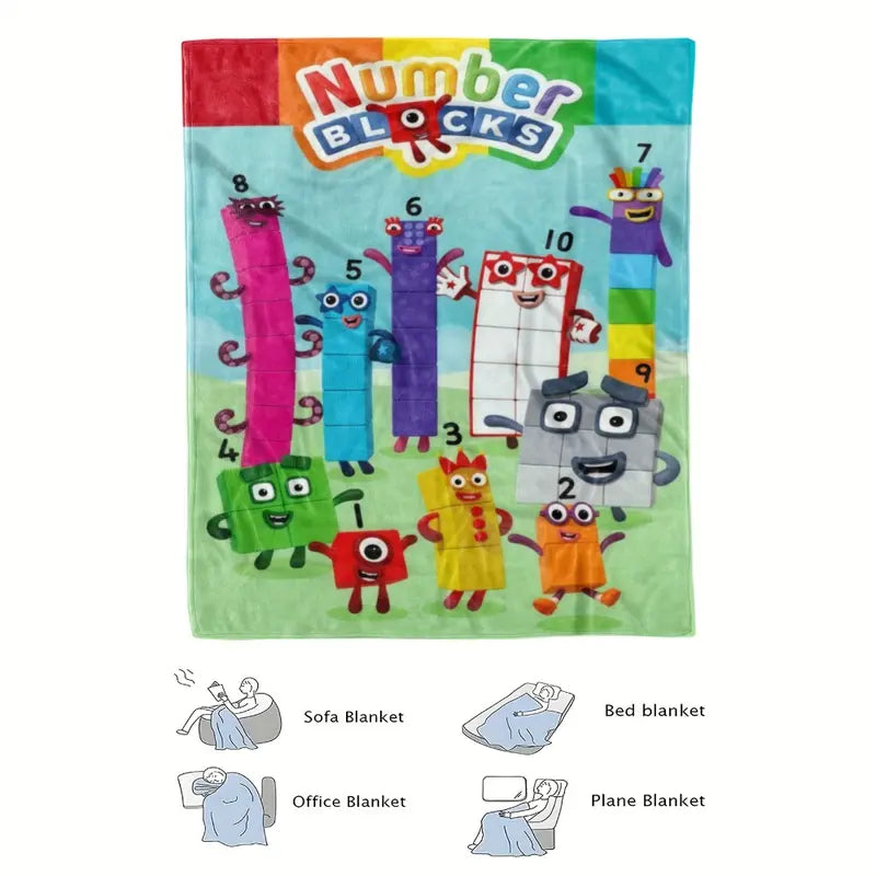 Colorful Cartoon Number Blocks Flannel Throw Blanket - Soft, Cozy, and Playful Design with Numbered Characters, Perfect for Home Decor and Casual Use, Allseason Comfort | Vibrant Throw
