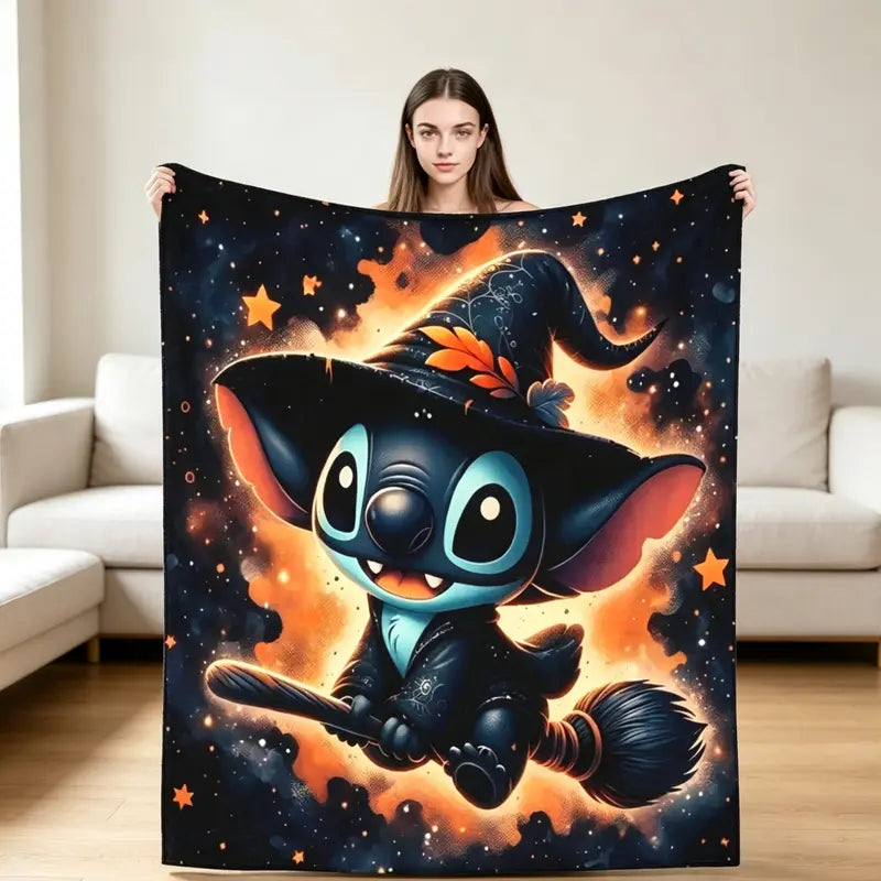 Disney Lilo & Stitch Graphic Halloween Throw Blanket - Witch Halloween Print Flannel Fleece, Ultra-Soft Spooky Blanket, Whimsical Home Decor, Multi-Purpose Holiday Gift for Home/Office