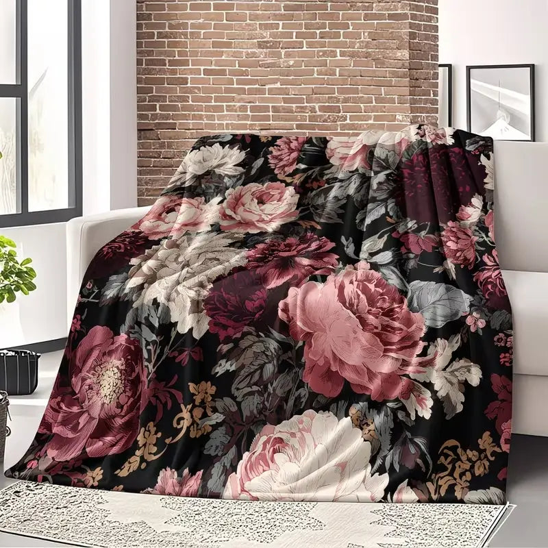 280GSM Warmth Woven Throw Blanket - Blue Hydrangea Pattern, Single-Sided Retro Vintage Vibe, Soft Lightweight Plain Fabric, Wrinkle-Resistant, Fade-Resistant, Machine Washable Easy-Care, Blankets for Bed & Home Décor (Bedroom Sofa), Mother's Day Gift