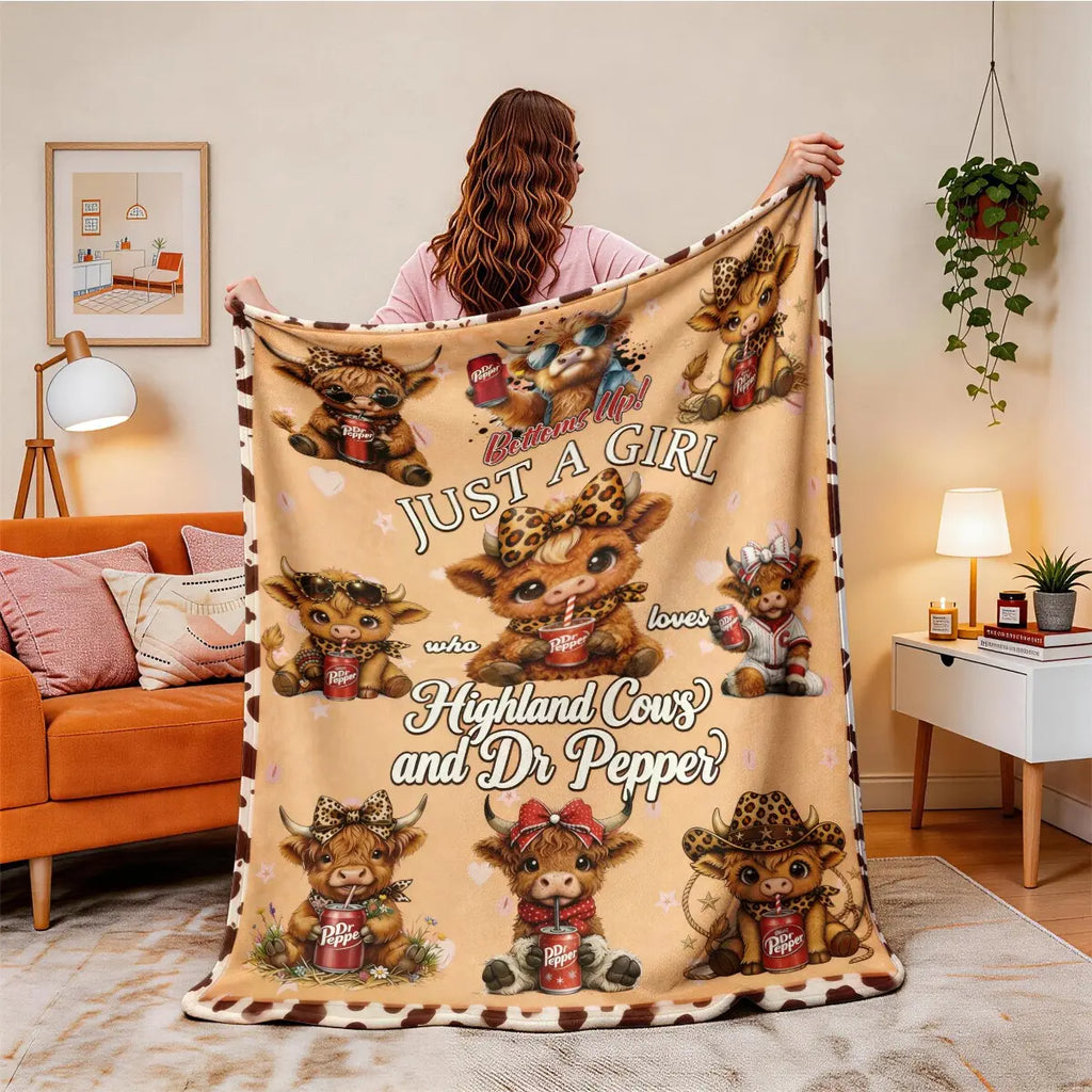 Highland Cow & Dr Pepper Flannel Blanket, Funny Graphic Throw Blanket, Soft Cozy Blanket, Large Size, Soft and Lightweight, Perfect for All Seasons, Ideal for Bed, Sofa, Office, Camping, Travel, Soft Throws Blanket
