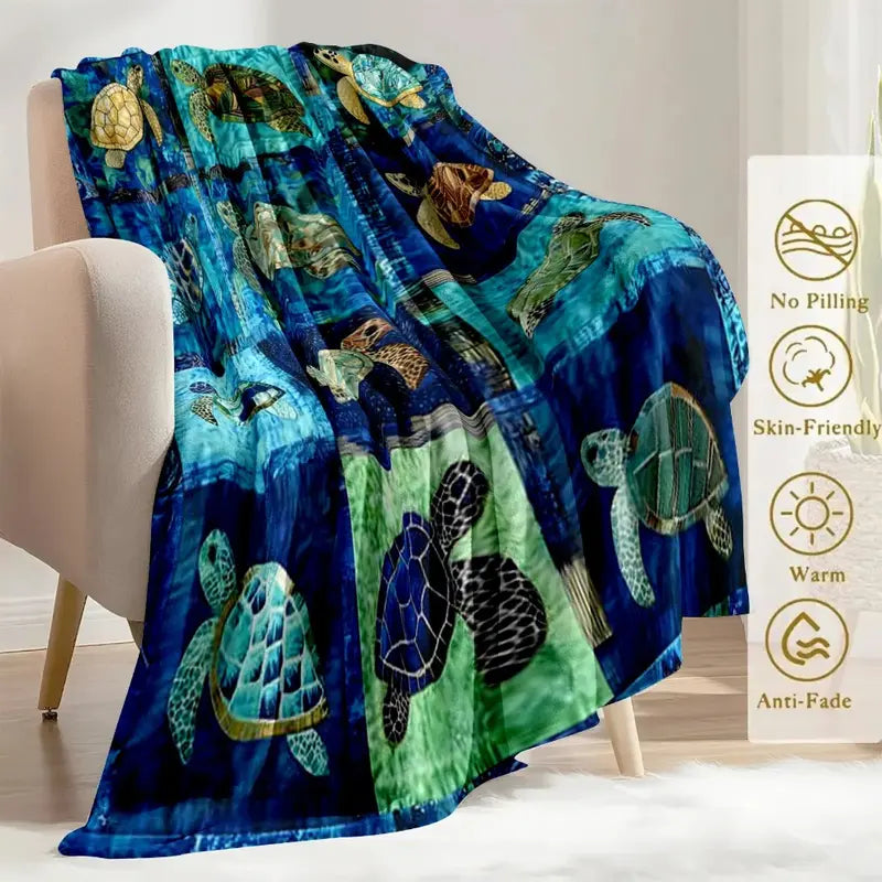 Sea Turtle Throw Blanket, Ocean Mosaic Patchwork Soft Cover, Baby Blankets and Adult Blankets, Cozy Warm Nautical Gift for Her Him, Coastal Home Decor for Couch Sofa Bed, Summer AC Nap Blanket, Perfect Birthday Holiday Christmas Gift for Ocean & Beach