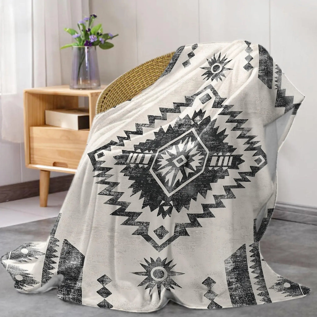 Boho Style Geometric Pattern Flannel Blanket, Soft Comfortable Lightweight Throw Blanket, Warm Napping Blanket for Home Office Camping