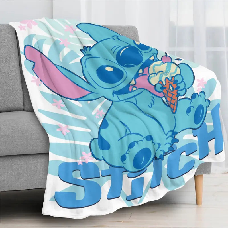 Disney Classic 2026 Ultra-Soft Flannel Fleece Blanket - Tropical Floral Accents, Playful Character Print of Blue Stitch with Ice Cream Cone, Multi-Size Bedding for Bed-Couch, Holiday Gift
