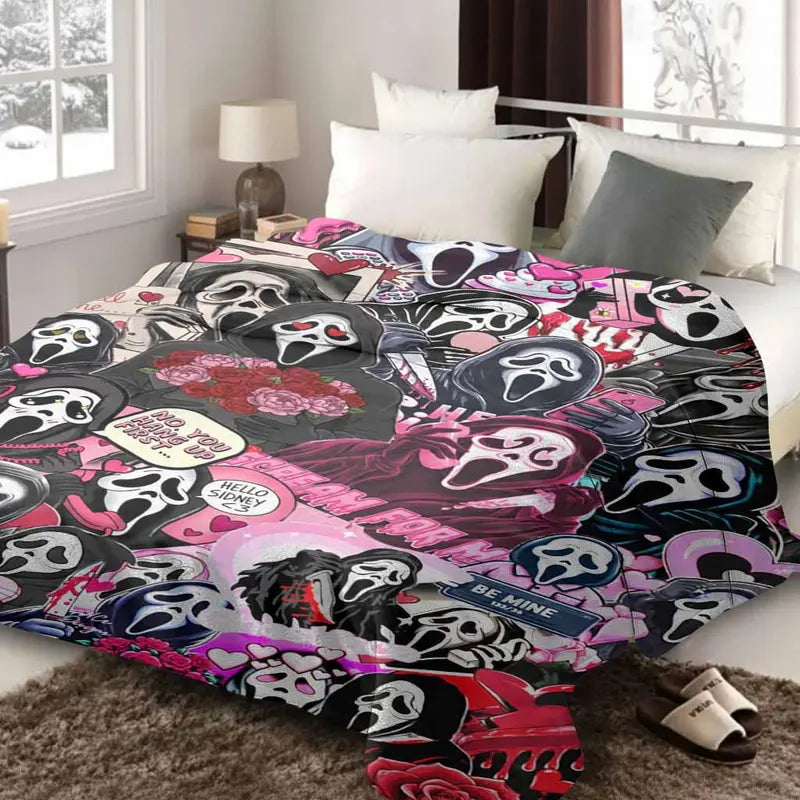 Valentine Ghost Motif Flannel Throw Blanket - Romantic Horror Art Print, Breathable Soft, Wrinkle-Resistant, Anti-Pilling, Lightweight, Machine Washable, Durable Decorative Sofa Blanket, Multi-Size Home/Sofa Accessory, Cozy Gift for Horror-Romance Lovers