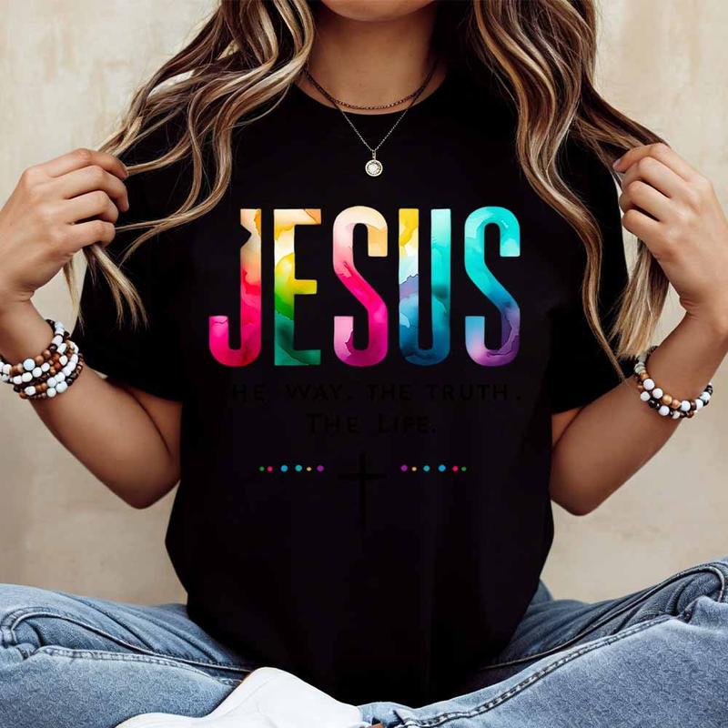Men's Fitted Cut Casual Short-Sleeve Round Neck Custom Full Print "Jesus The Way The Truth The Life" Cross Motif Soft Cotton T-Shirt - White Textured Knit, Machine Washable, Suitable for Everyday & Outdoor Wear