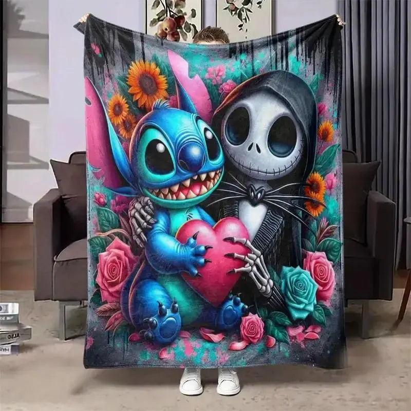 Disney Stitch & Jack Skellington Gothic Floral Heart Halloween Fleece Throw Blanket, Spooky Season Present & Holiday Bedding