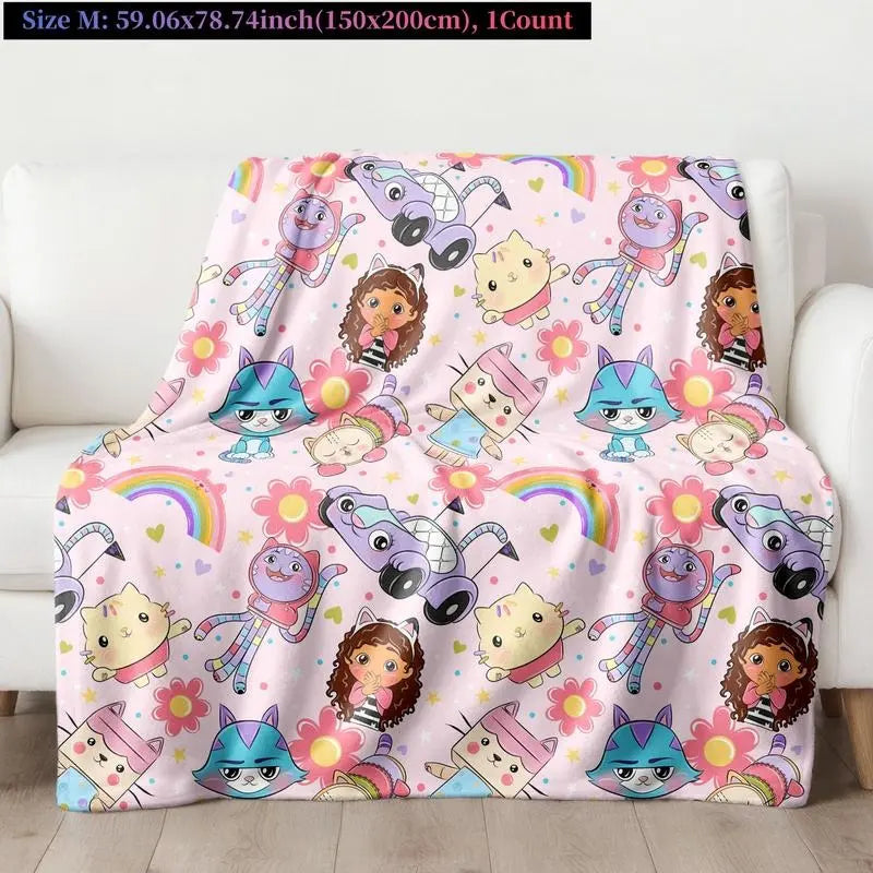 Gabby's Dollhouse Cartoon Fleece Blanket, Pink Background with Rainbow, Cats and Dolls, Soft Cozy Throw for Kids Bedroom, Sofa, Air Conditioned Room, Travel, Gifts, Flannel Blankets