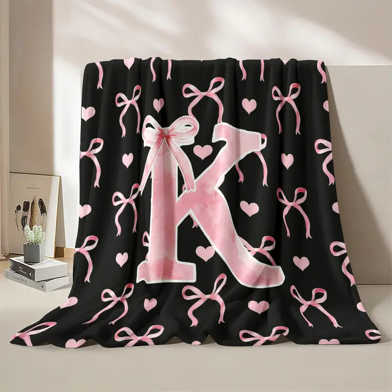 Classic Soft Flannel Throw Blanket - A-Z Initial Alphabet Print, 30x40 to 60x80 in, Black Blush Pink Design, Custom Monogrammed, Soft Texture, Durable All-Season Bedding for Bedroom, Gifts for Women, GF Gift