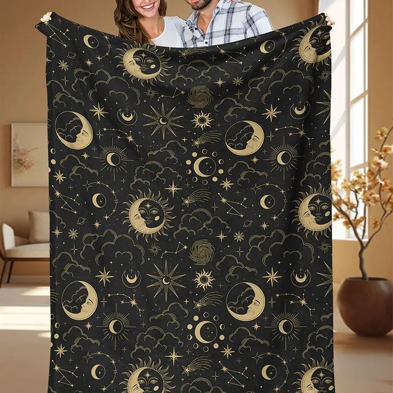 Moon & Star Print Blanket, Soft Comfortable Throw Blanket, Cozy Chic Blanket, Air Conditioned Room Blanket for Home Office Dormitory Camping Travel, Stylish Blanket, Cozy Throw Blankets