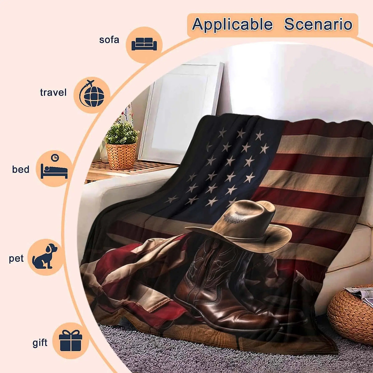 American Flag & Cowboy Hat Pattern Blanket, Western Blanket, Printed Blankets, Graphic Throw Blanket, 1 Count Soft Throw Blanket, Air-conditioned Room Blanket for Home Office Travel Camping