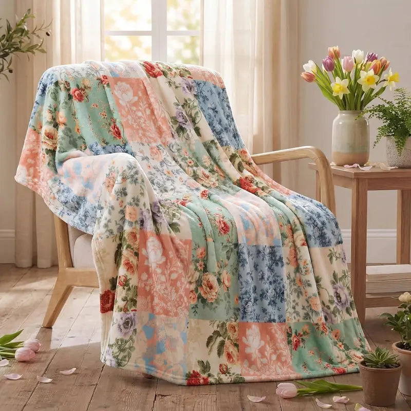 Flannel Blanket | Boho Pastel Floral Throw Blanket Ultra Soft Flannel Patchwork Blanket For Couch And Bed Holiday Theme Cozy Throw Decoration Warm Gift For Spring Summer | Gift Blanket / All Season