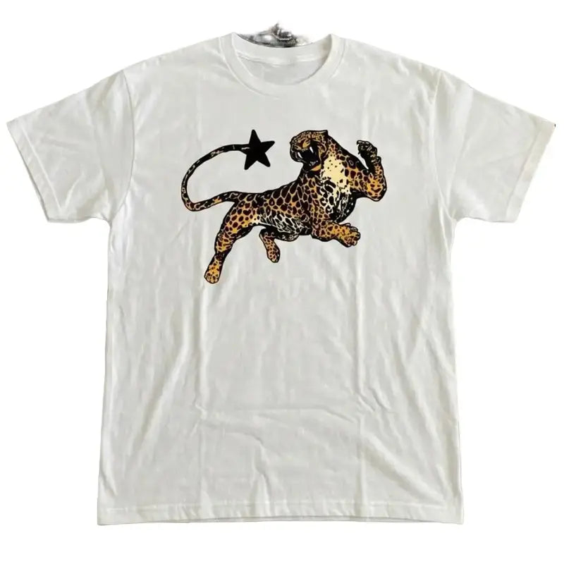 Menswear Short-Sleeve Cotton Graphic Tshirt - Unisex Round Neck Casual Top, Tiger Star Animal Print, Y2k Gothic Grunge Emo Scene Amity Affliction Style Customized Streetwear Clothing