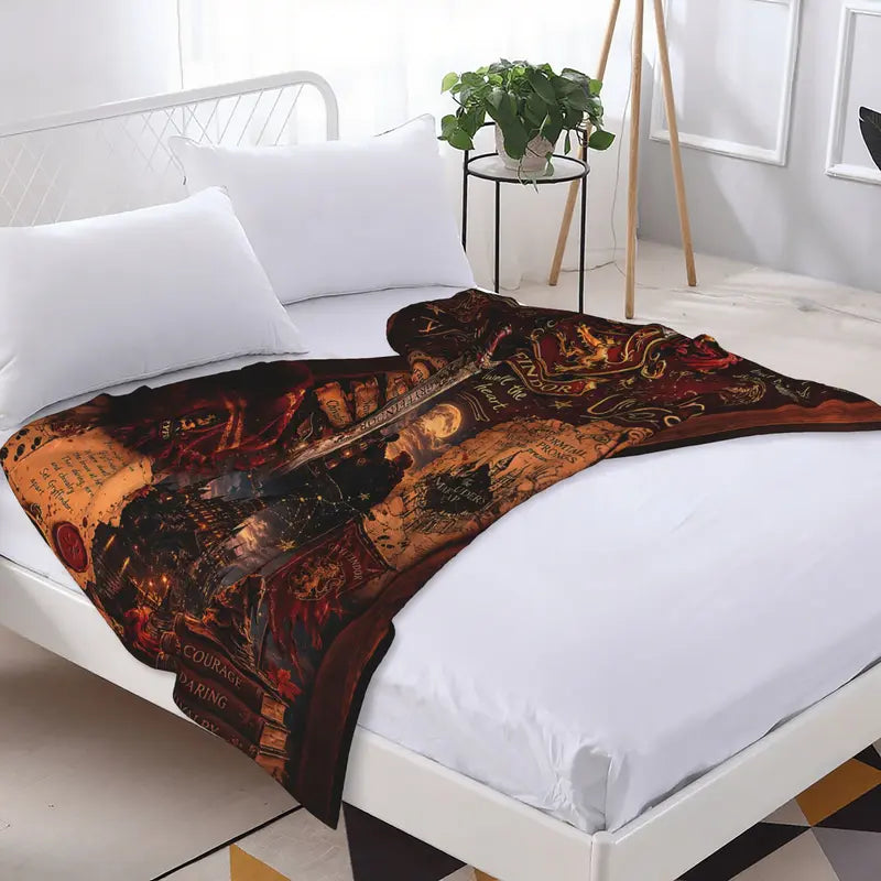 Harry Potter Gryffindor Lion Crest Wizard Castle  Blanket, Vintage Magic Hogwarts Castle Marauder's Map Sword Print Soft Blanket, Lightweight Couch Bed Blanket, Fantasy Wizard Movie Fan Home Decor Gift