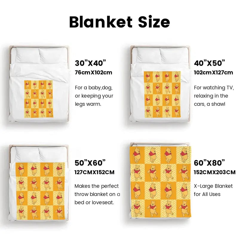 Disney Winnie the Pooh Cartoon Character Print Fluffy Soft Blanket - Flannel Fabric Cotton Blend, Bedroom Sofa Blanket, Multi-Purpose for Bed/Couch, Vintage Checkered Waves Anti-Fade Fleece Throw