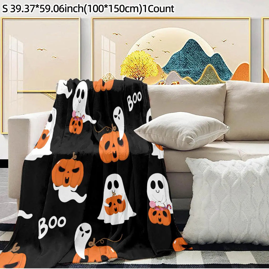 Halloween Themed Pumpkin Ghost Pattern Blanket, Slogan Print Blanket, Soft Comfortable Throw Blanket, Cool Bedroom Bedding Blankets, Warm Nap Blanket for Home Office Travel