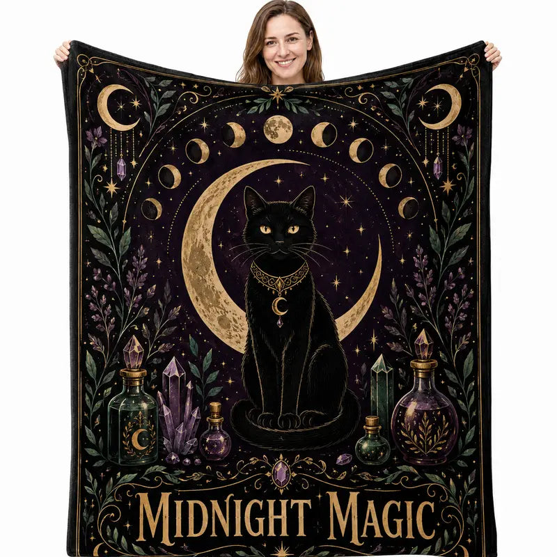 [Back to School] Witchy Aesthetic Black Cat Blanket - 60x80 in, 100% Polyester Flannel, Moon Phase Crystal Design, All-Season Cozy Blanket for Teens, Halloween Theme Dorm Decor, Holiday Gift for Bed/Couch