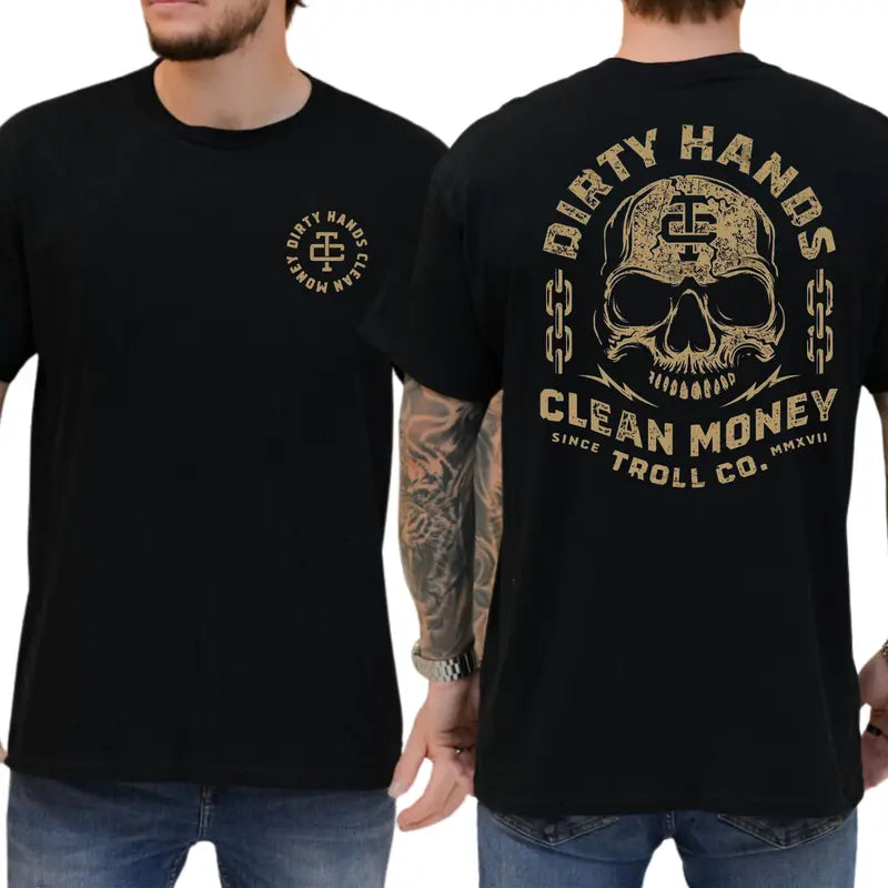 Men's High-Cotton Crew Neck Printed Tee - 2-Sided Dirty Hand Clean Money Golden Skull Graphics, Blue Collar Mechanic Top, All-Seasons Casual Unisex Wear, Men's Gift (Do Not Bleach)